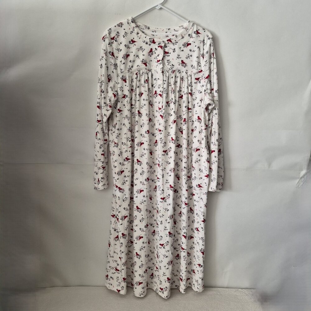 Aria Womens XL White Red Cardinal Floral Long Sleeve Velour Nightgown Pockets